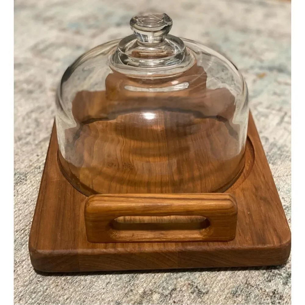 Vintage Teak Mid Century Cheese Tray with Glass Dome by Good Wood goodwood
